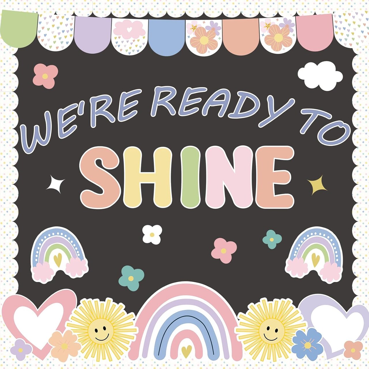 Back to School Summer Sun Bulletin Board Set Pastel We're Ready to Shine Bulletin Board Classroom Sunglasses Rainbow Paper Cutouts for Teacher Nursery Chalkboard Home Office Wall Door Decor